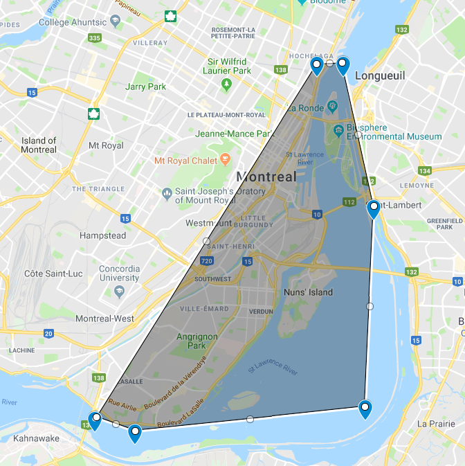 Map with the polygon encompassing the St. Lawrence river around Montreal